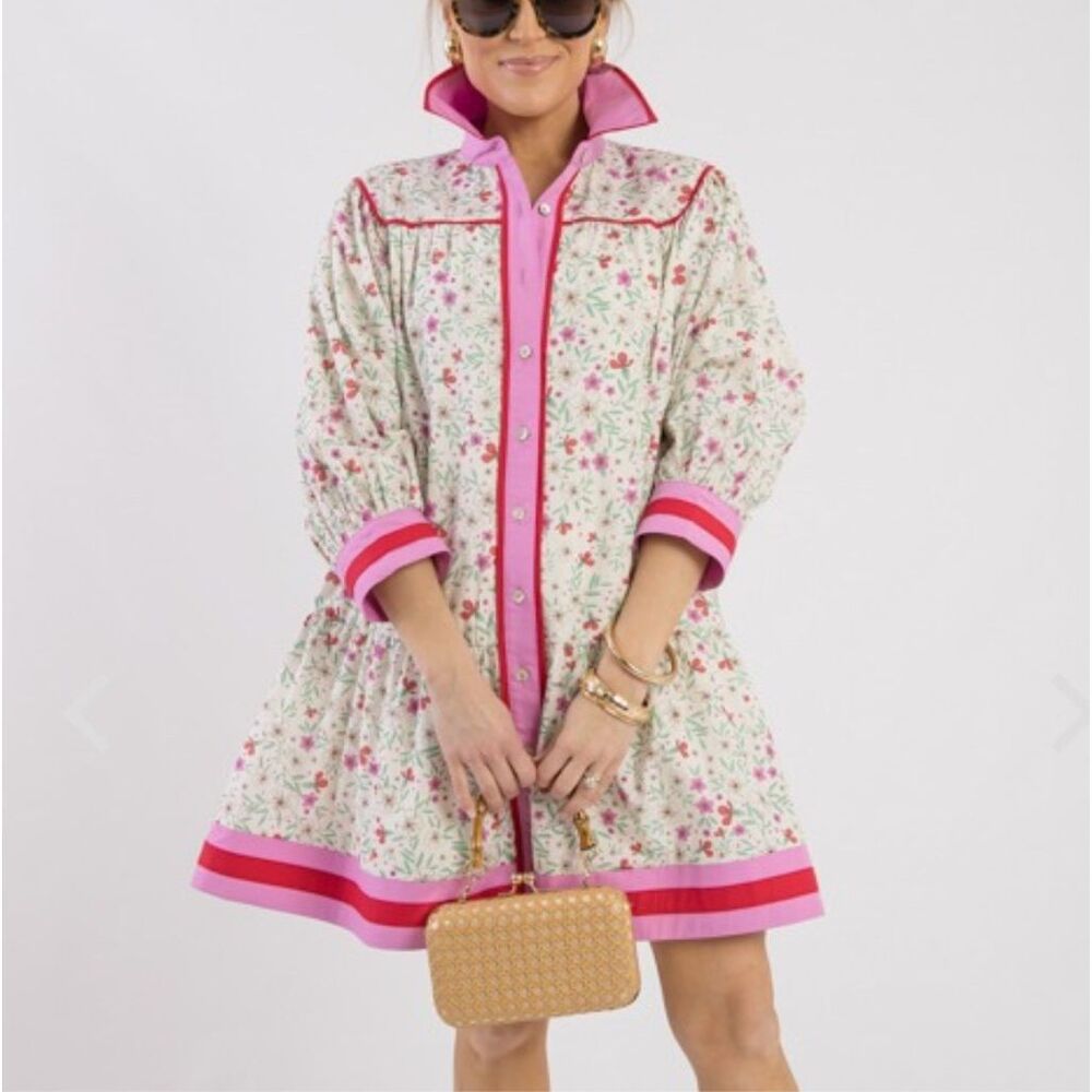 entro Floral Mini Dress with Pink Trim